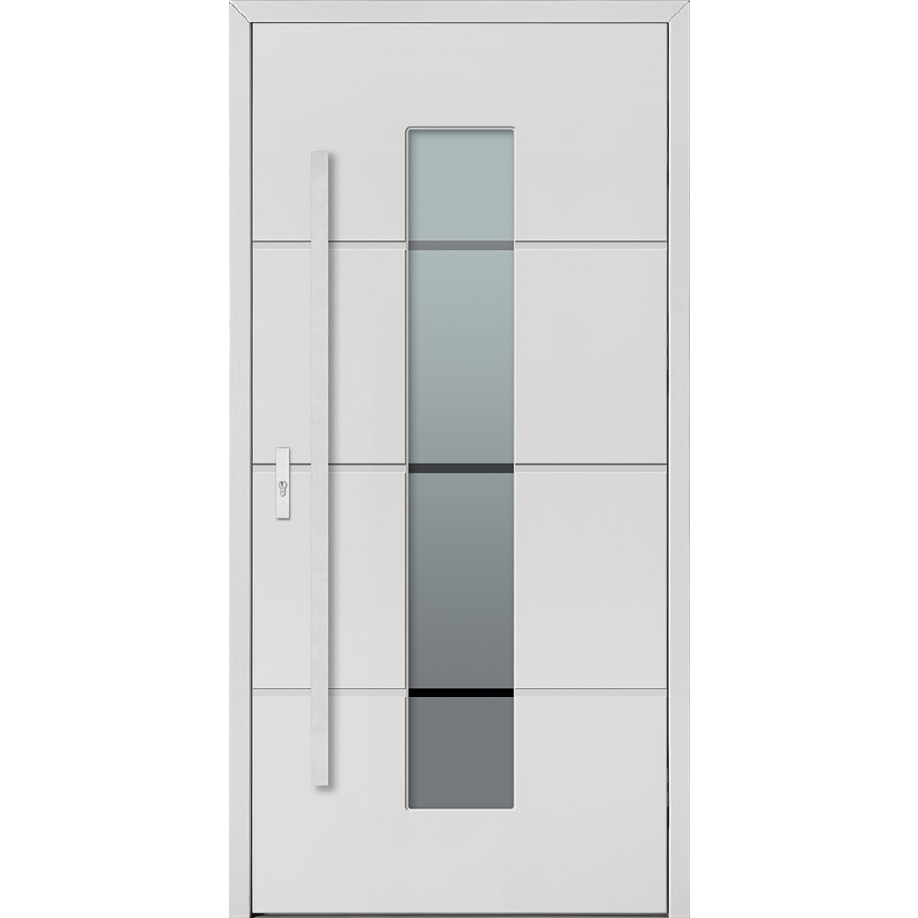 Baranski lauko durys. Modelis DB205a baltos spalvos. 90mm konstrukcija su paslėptais vyriais. Stiklo paketas matinis su refleks linijomis.