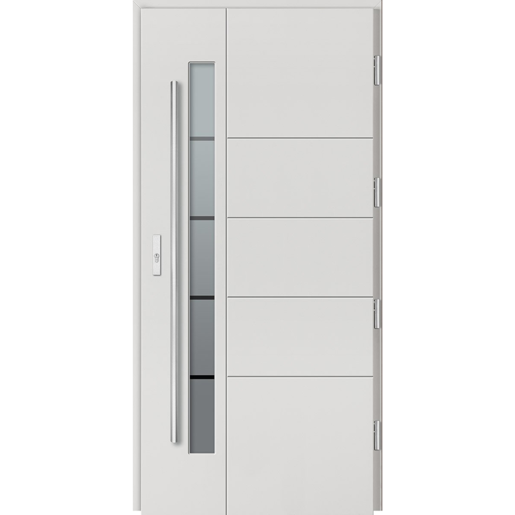 Baranski lauko durys. Modelis DB200 RAL9016 spalva. 78mm konstrukcija. Stiklo paketas matinis su refleks linijomis.