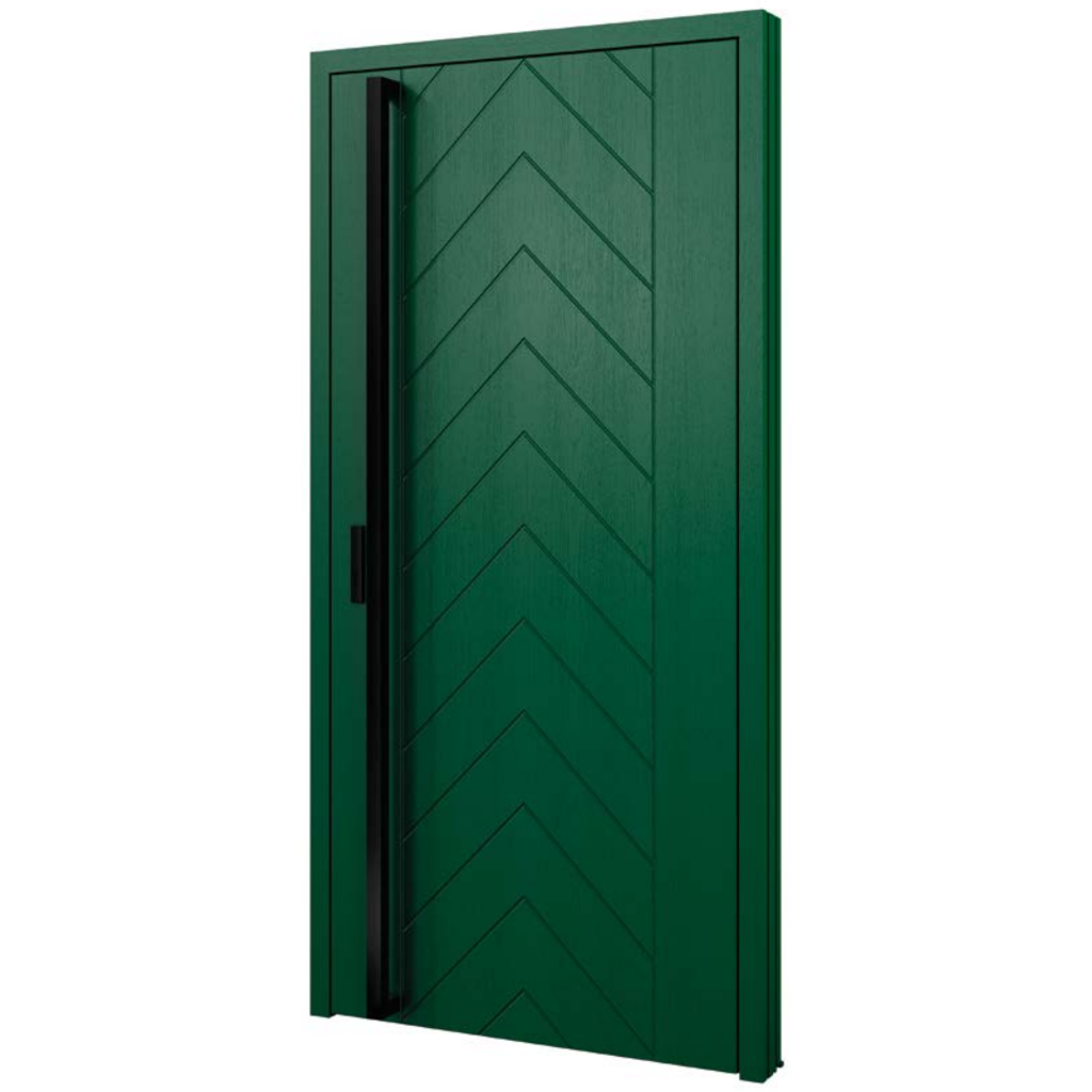 Baranski lauko durys. Modelis DB215 RAL6005 ir su juoda išilgine rankena. 90mm konstrukcija.