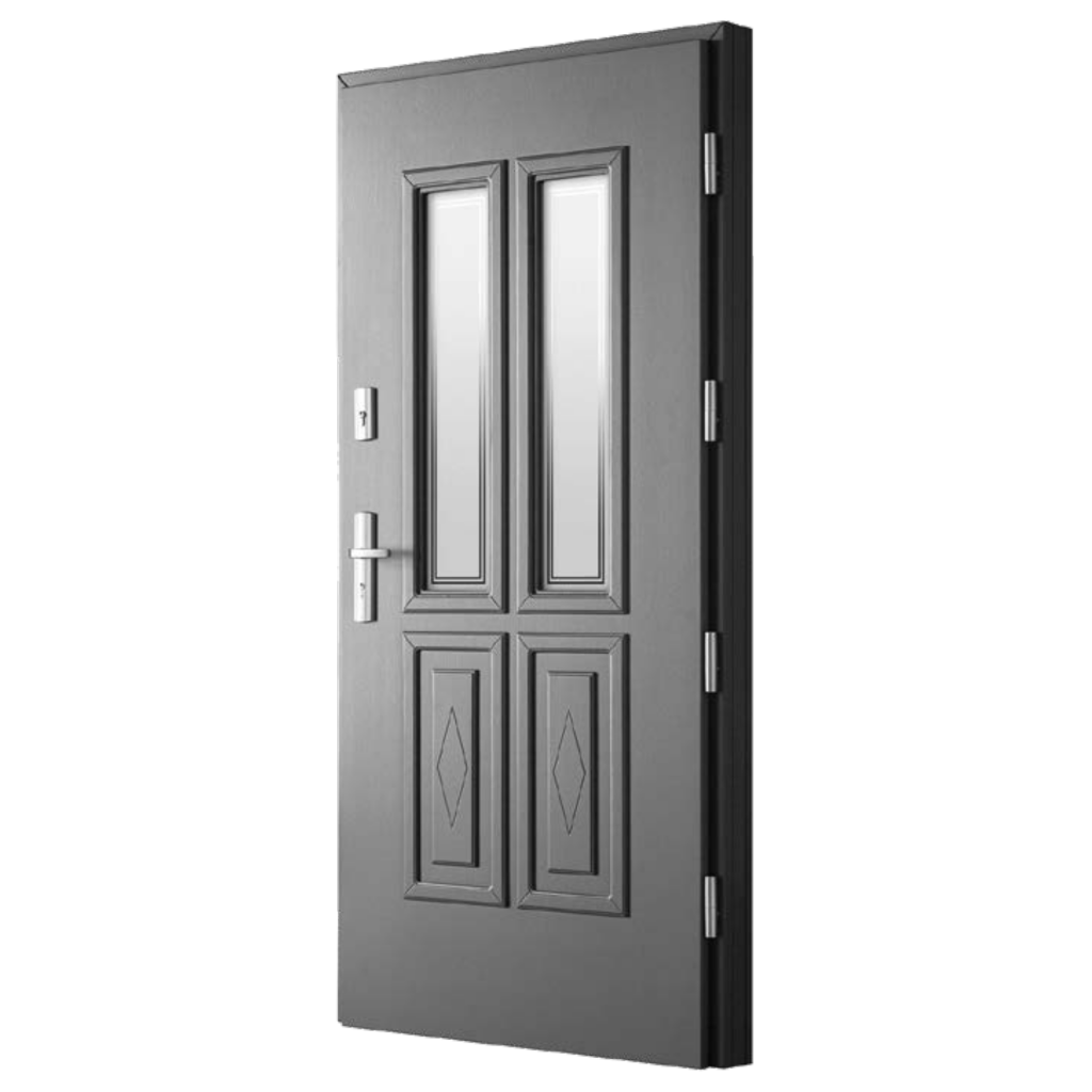 Baranski lauko durys. Modelis DB731 RAL7012. 78mm konstrukcija. Stiklo paketas matinis su refleks rėmeliu.