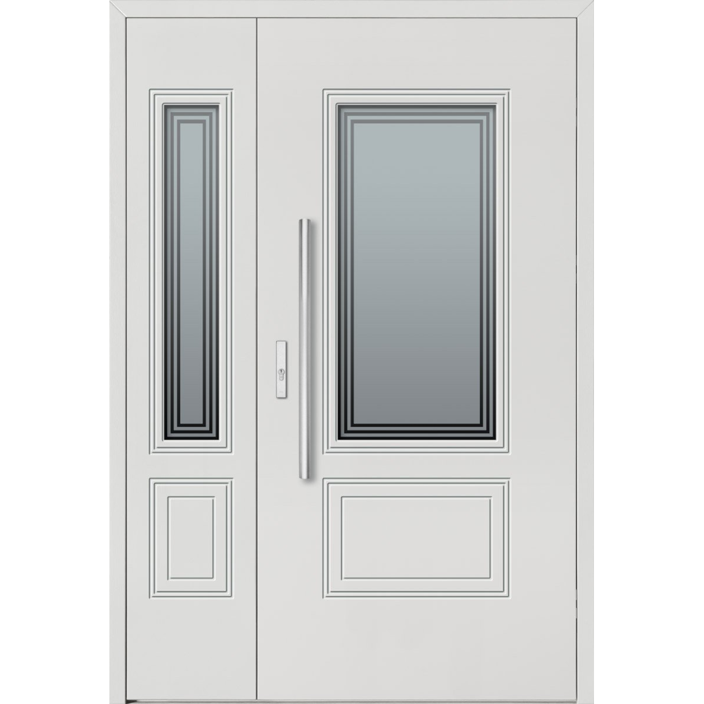 Baranski lauko durys. Modelis DB228 RAL9016. 90mm konstrukcija. Stiklo paketas matinis su refleks rėmeliu. Šaliduris su varčios atkartojimu.