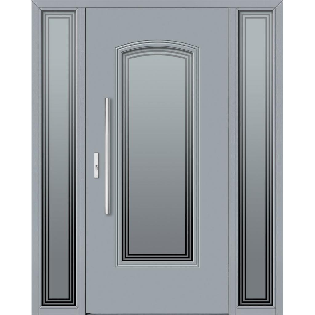 Baranski lauko durys. Modelis DB229 RAL7040. 90mm konstrukcija. Stiklo paketas matinis su refleks rėmeliu. Du šaliduriai su stiklo paketu.
