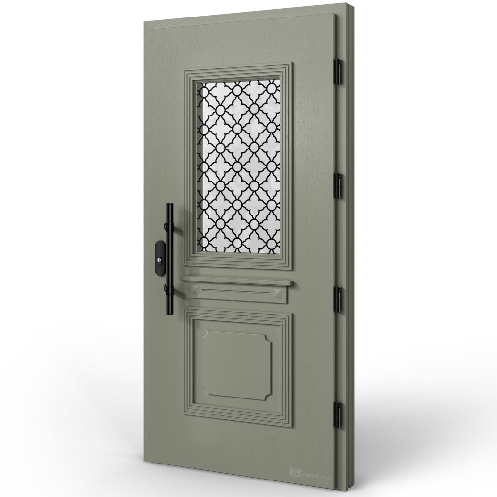 Baranski lauko durys. Modelis DB719 RAL7033. 78mm konstrukcija. Stiklo paketas su dekorais.