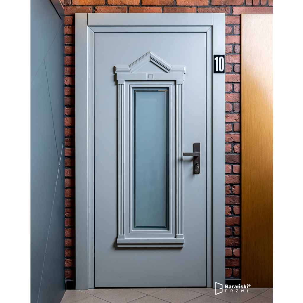 Baranski lauko durys. Modelis DB729 RAL7038. 90mm konstrukcija. Stiklo paketas matinis su linijomis.