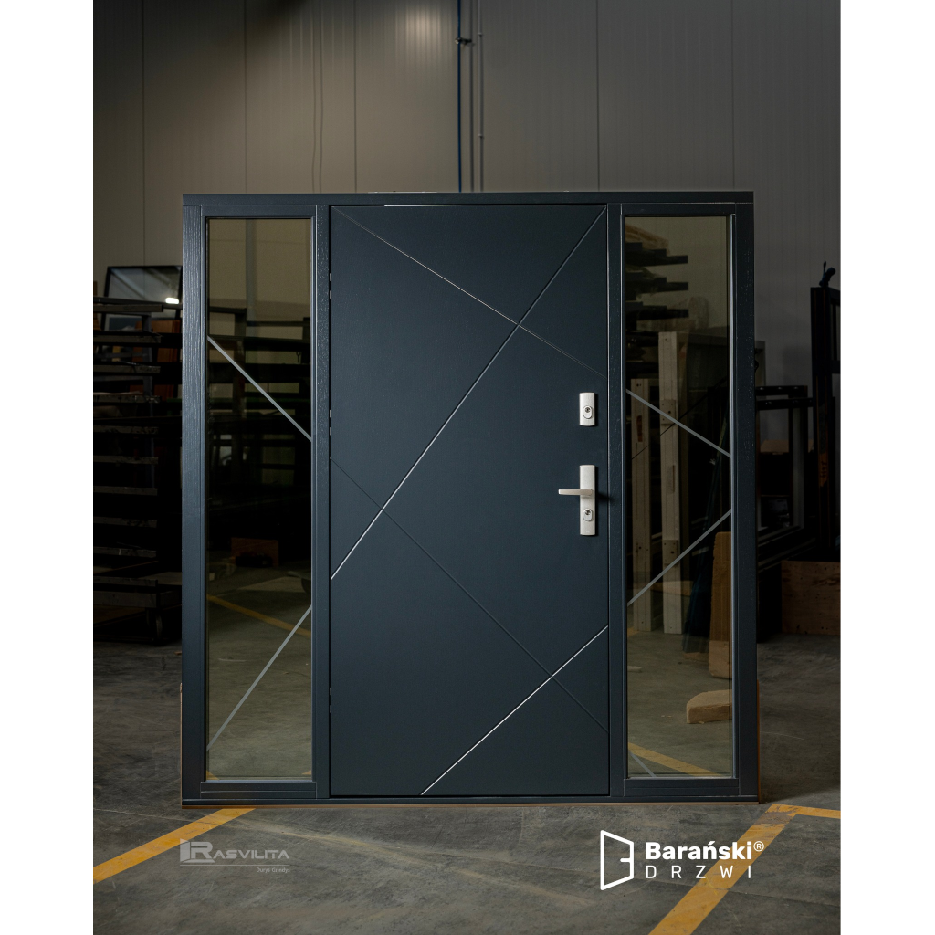 Baranski lauko durys. Modelis DB289 RAL7016. 90mm konstrukcija. Su šaliduriais atkartojančiais varčios linijas.